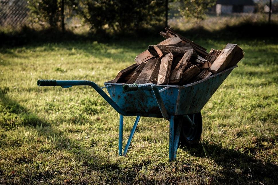 Groene kruiwagen met hout in zonovergoten tuin